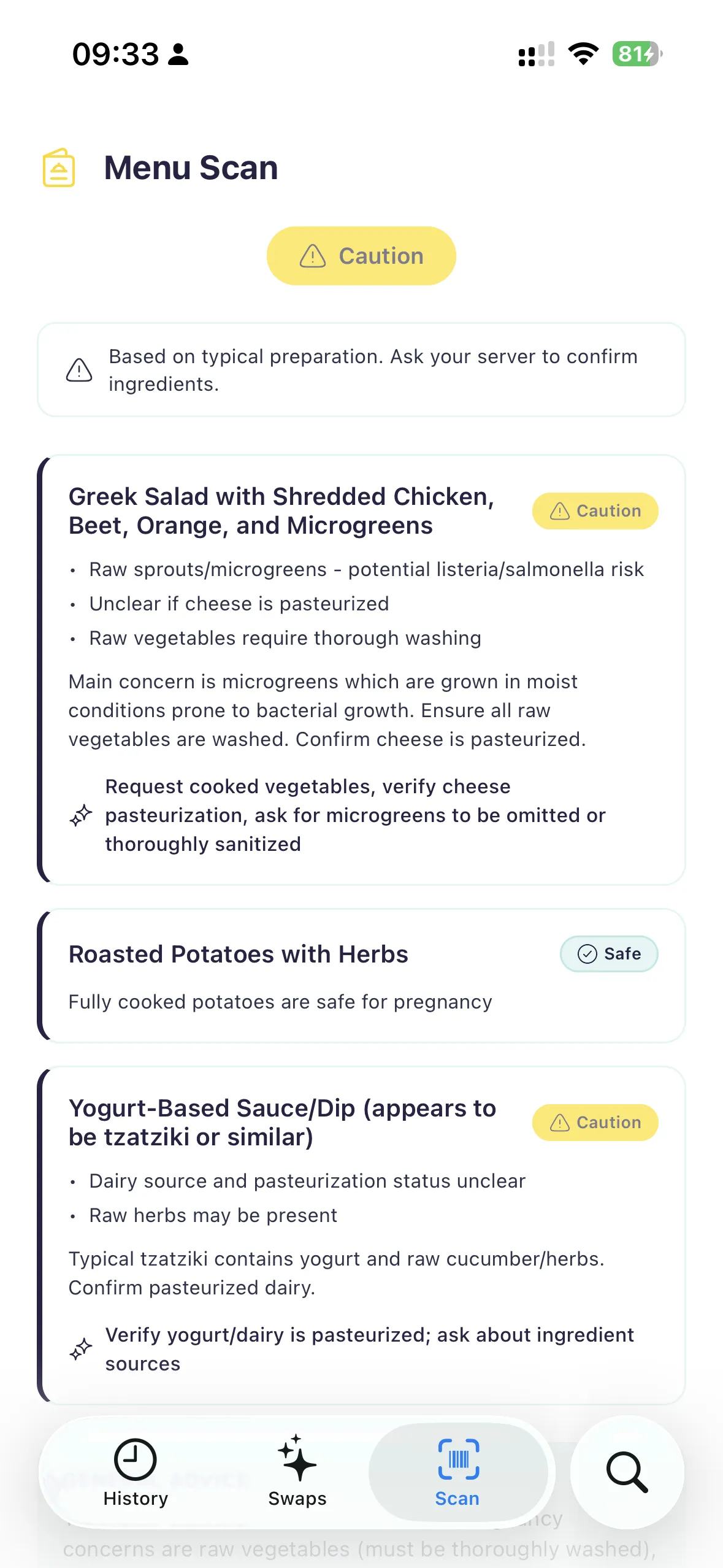 Menu scan showing safety analysis for each dish