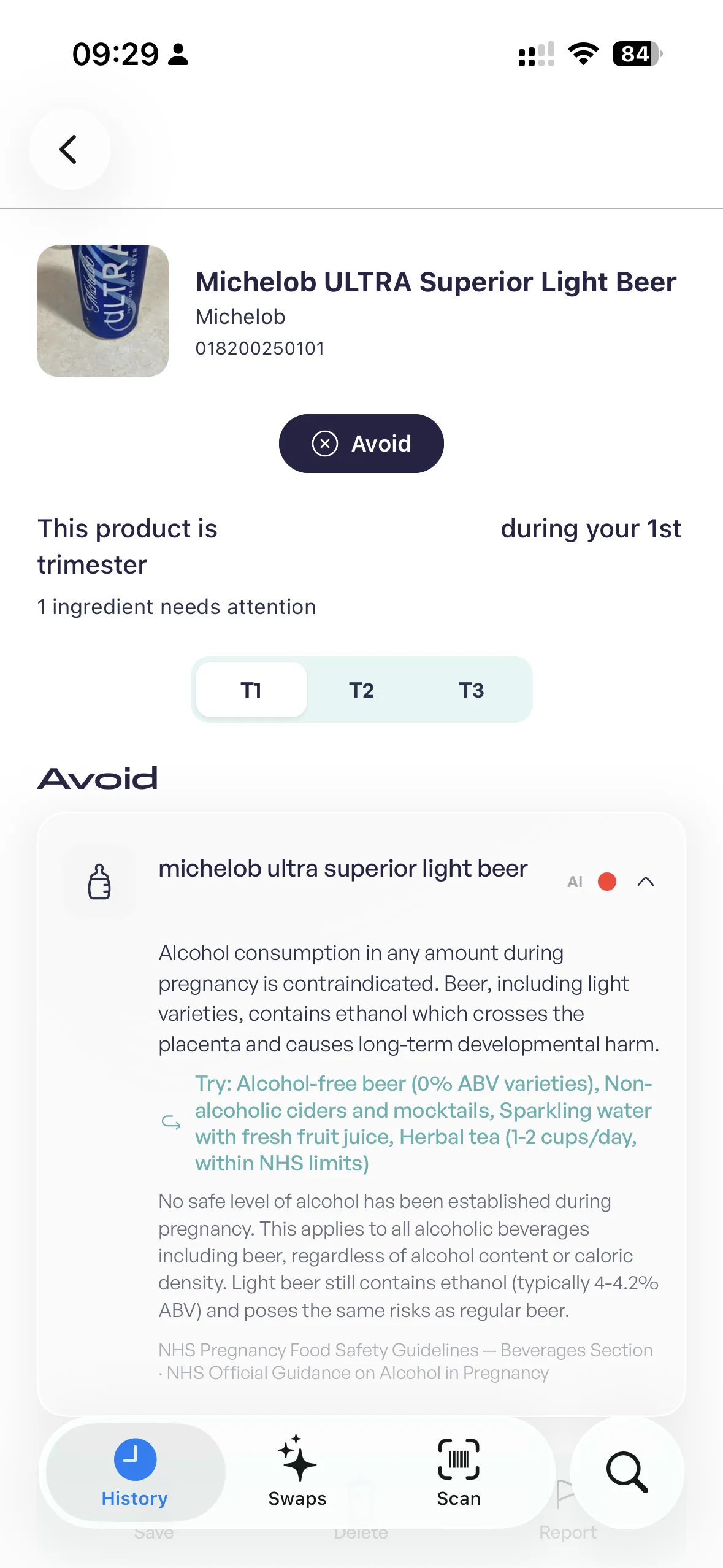 Product safety breakdown showing ingredients