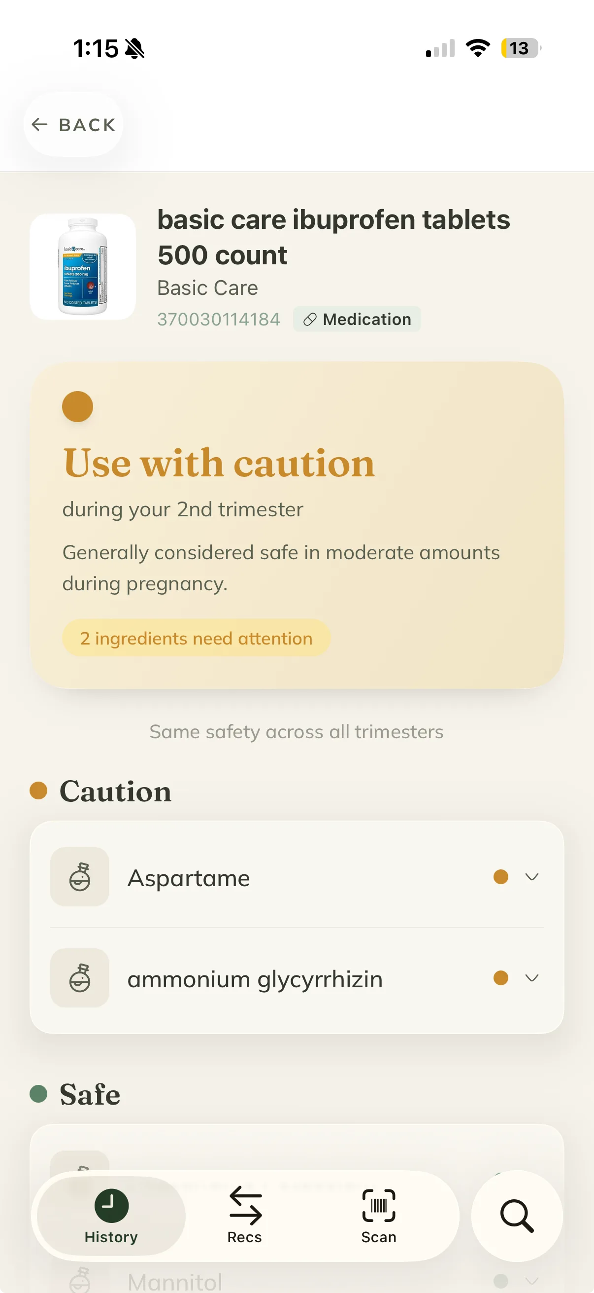 Product result showing trimester-specific caution verdict